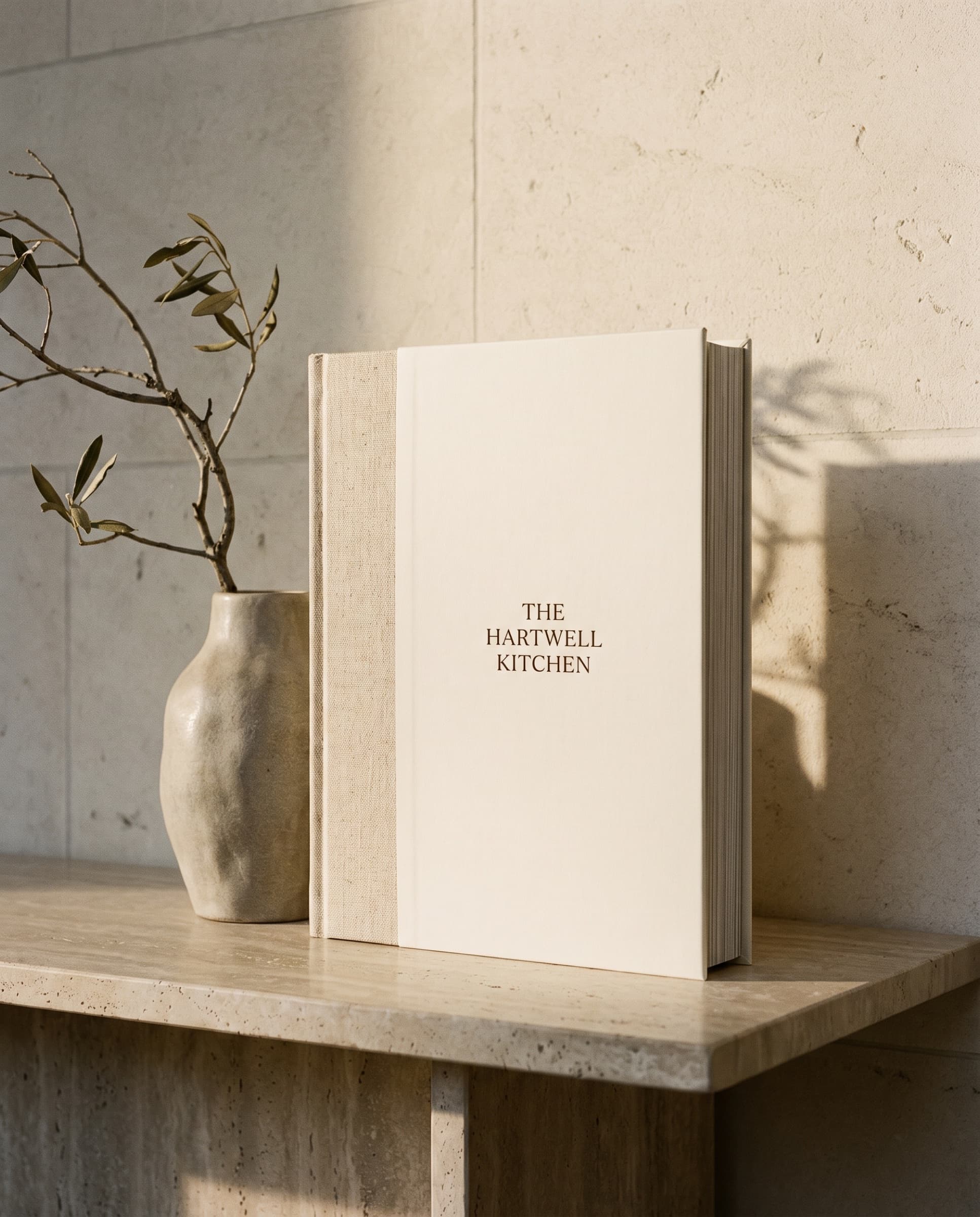 The Hartwell Kitchen, a linen-bound book standing beside a stone vase