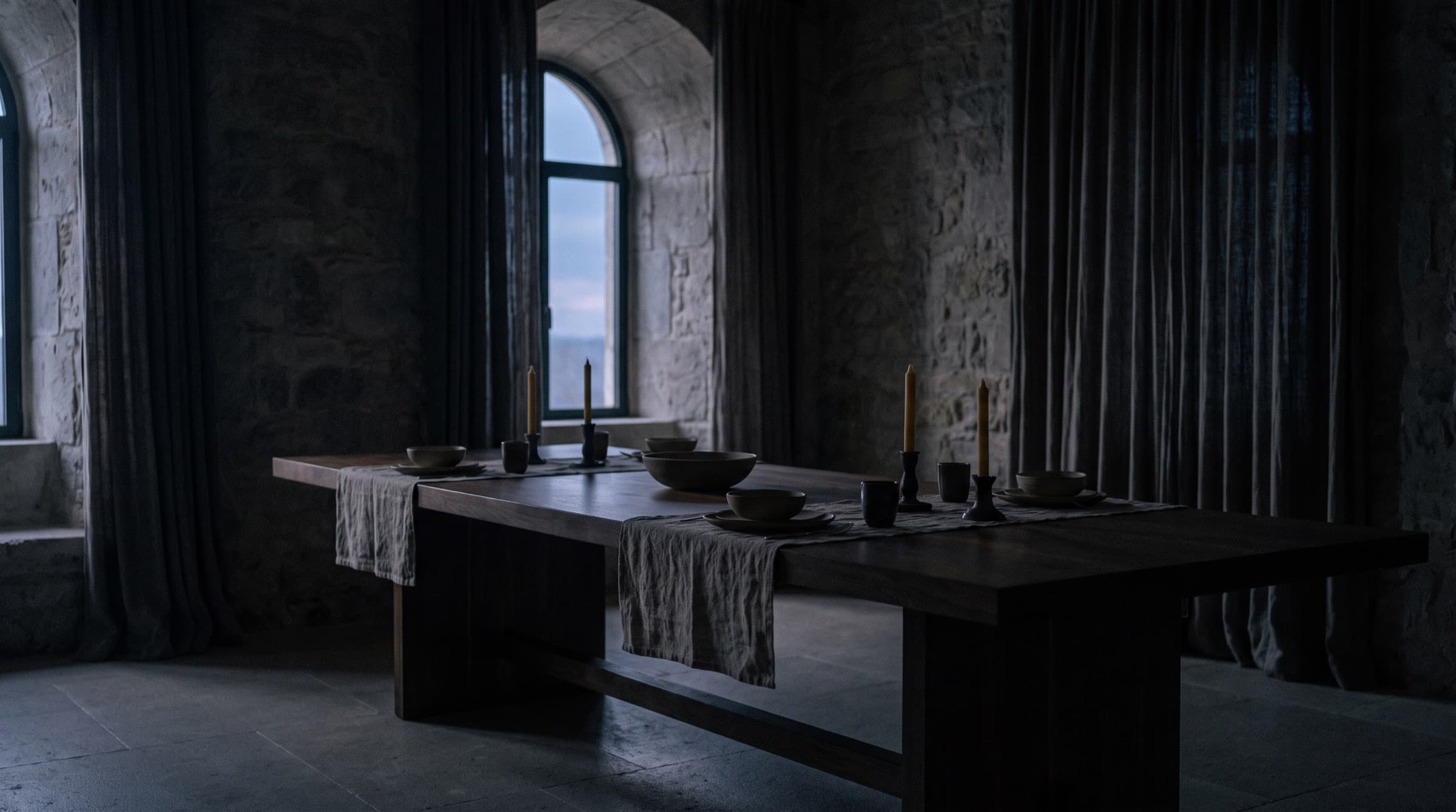 A long dining table at dusk in a stone room