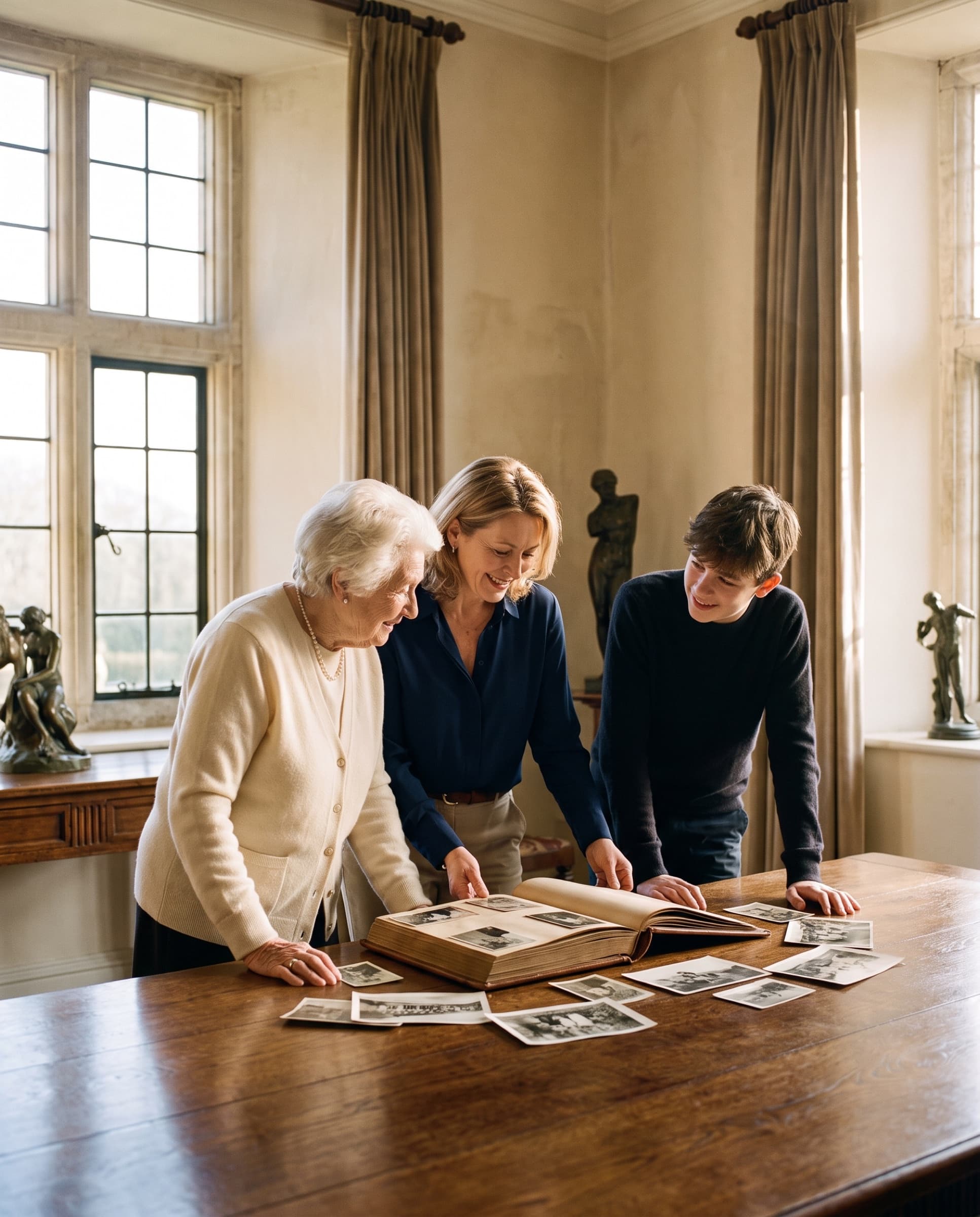 Three generations looking through old photographs at a long table