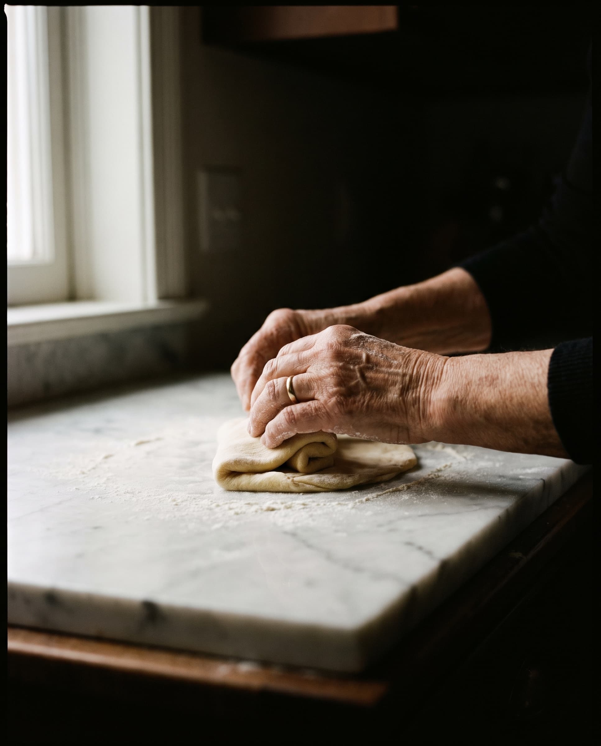 Hands kneading dough on a marble counter in late light