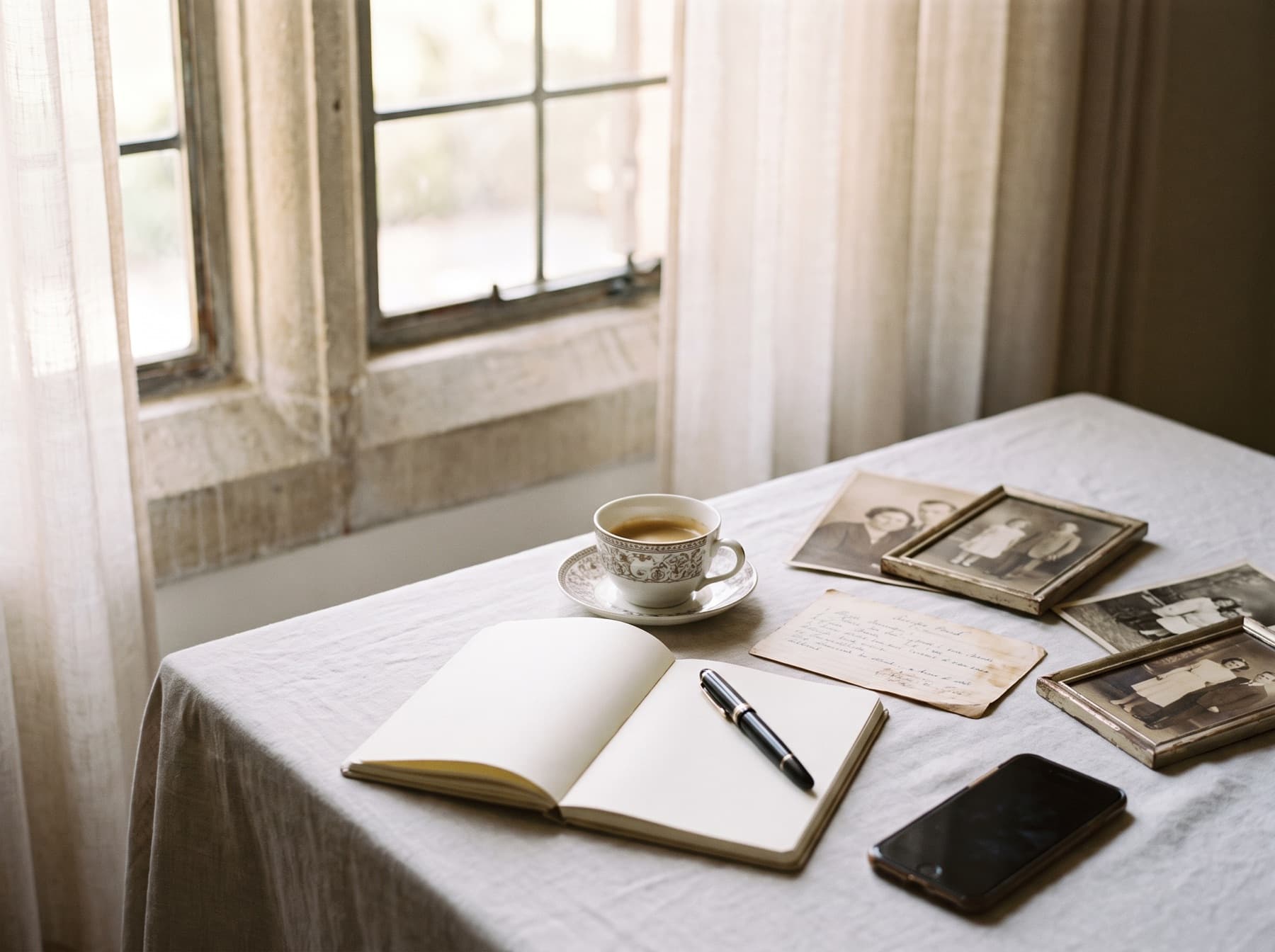 A kitchen table by a window with a cup of coffee, an open notebook and pen, old family photographs and a phone