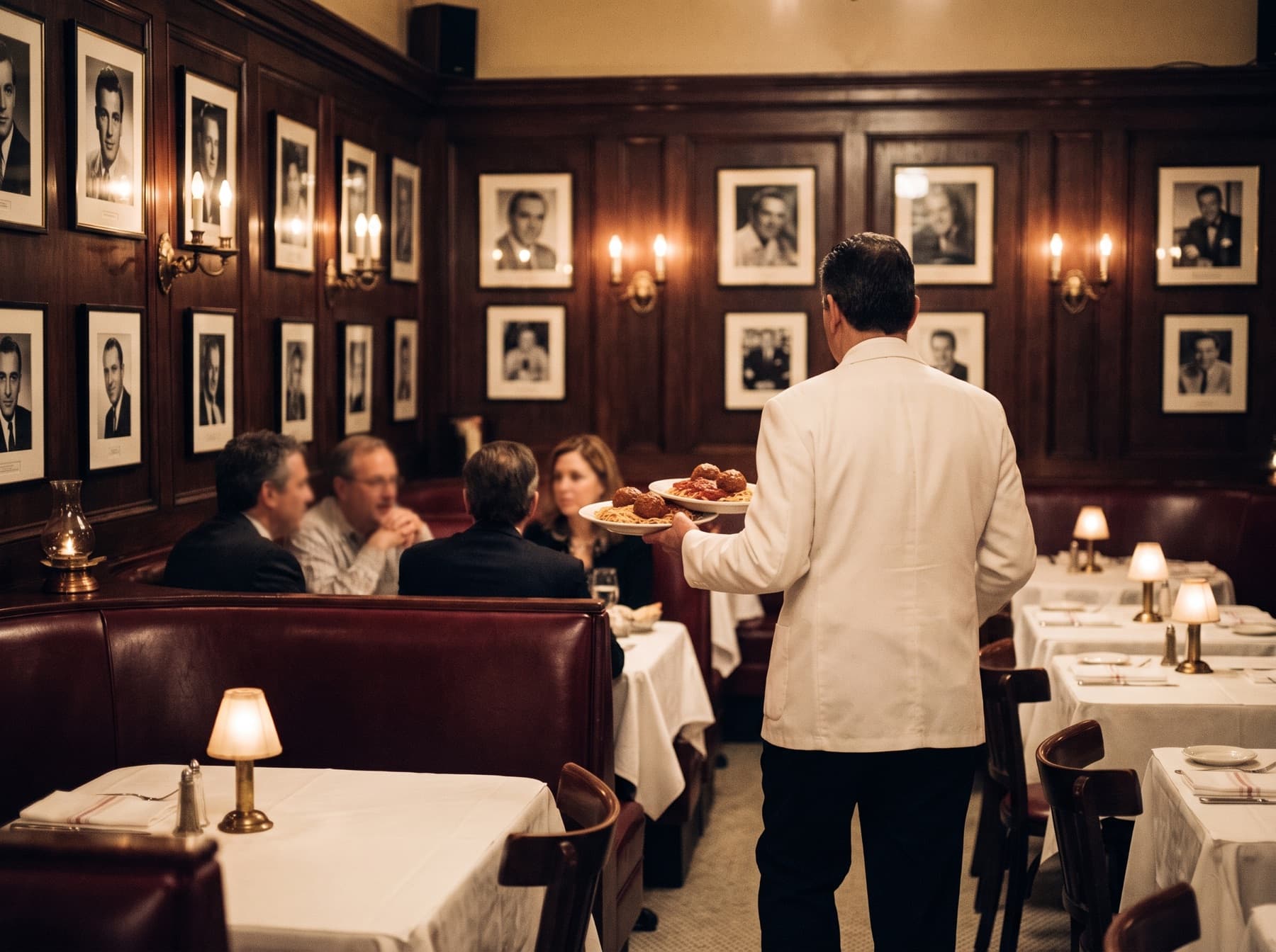 A New York Italian restaurant in the evening: red banquettes, white tablecloths, framed photographs, a waiter in a white jacket