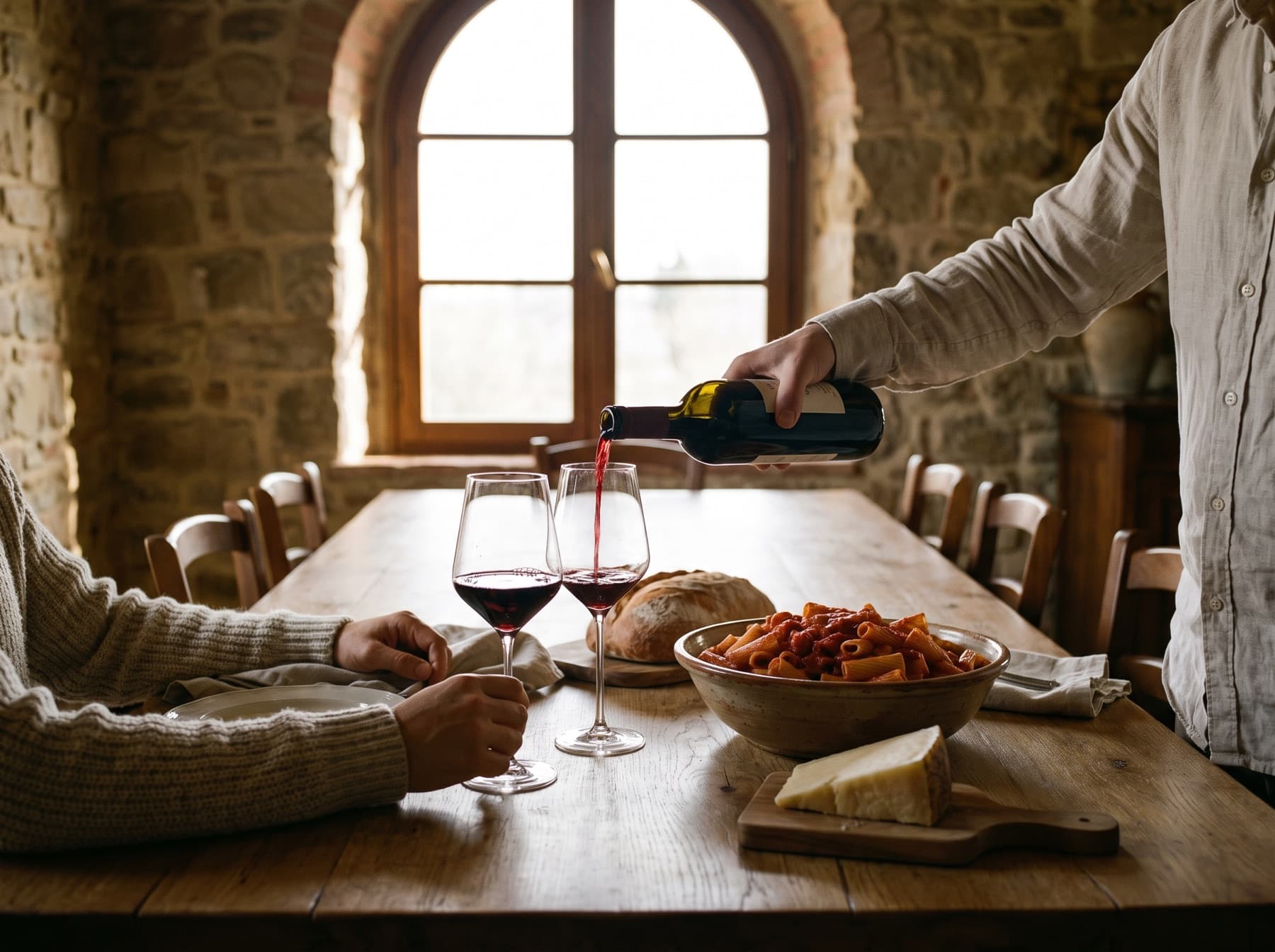 Red wine poured into two glasses beside a bowl of rigatoni in tomato gravy on a long oak table