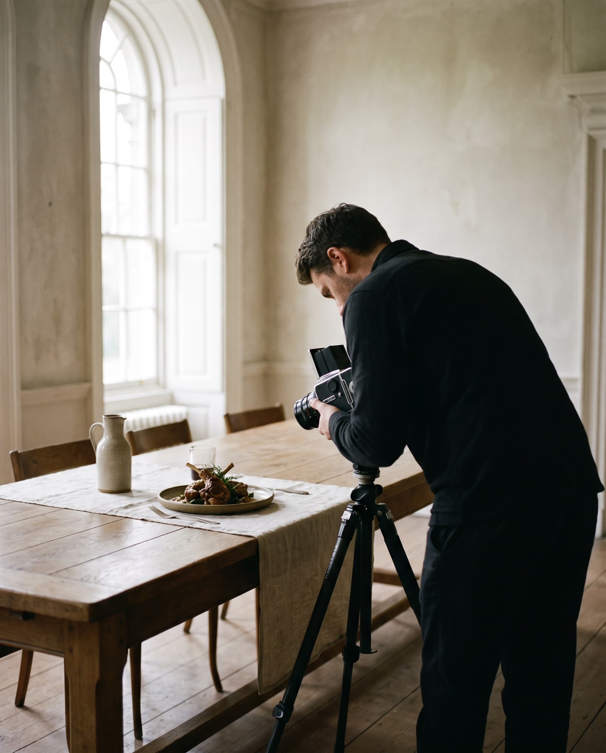 A photographer at work beside a set table in a bright old house