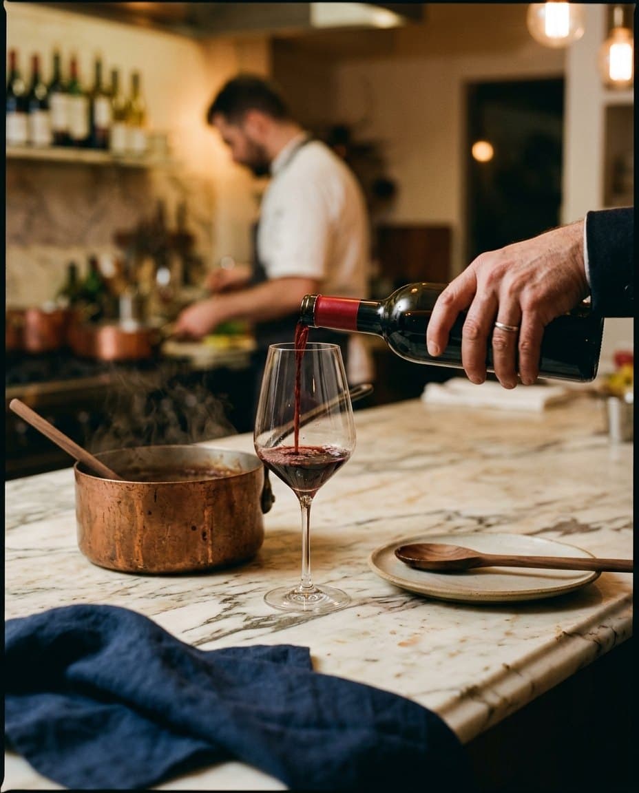 A sommelier pouring red wine beside a copper pot on a marble counter