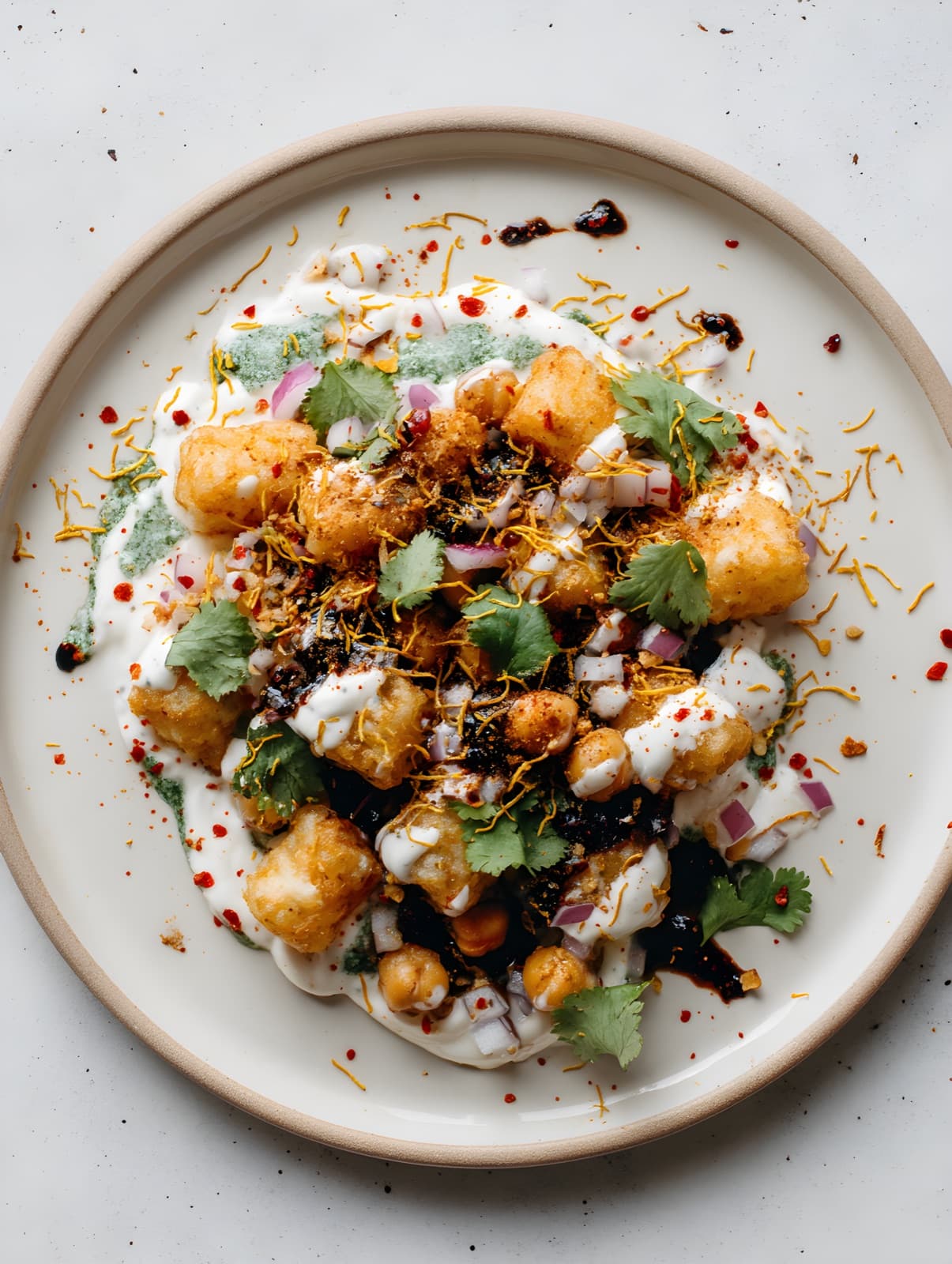 Chaat with crispy potatoes, yogurt and chutneys, recreated by the studio