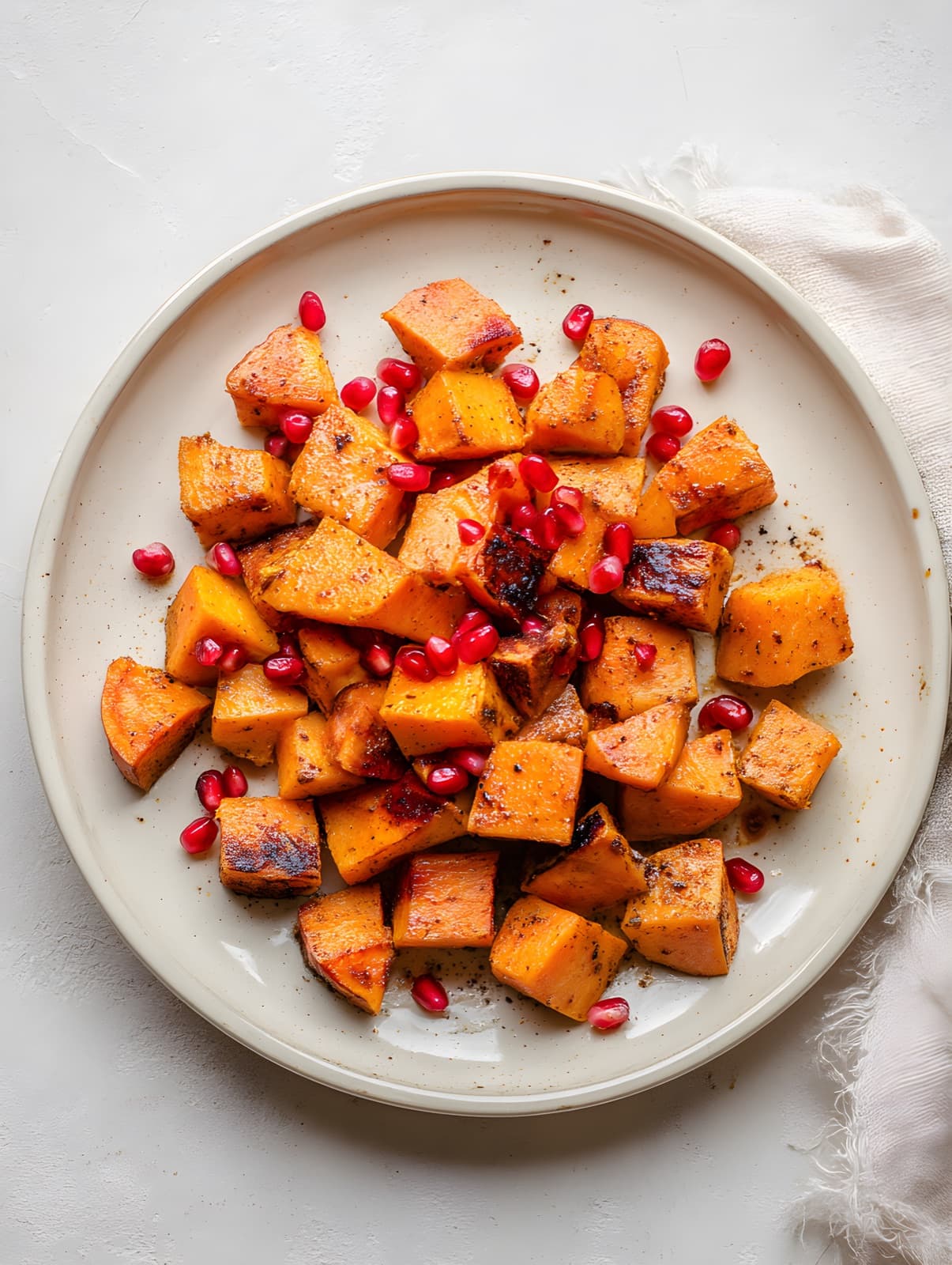 Roasted sweet potatoes with pomegranate seeds, recreated by our studio