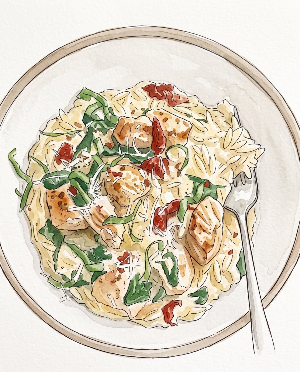 Sun-Dried Tomato Chicken Orzo, drawn