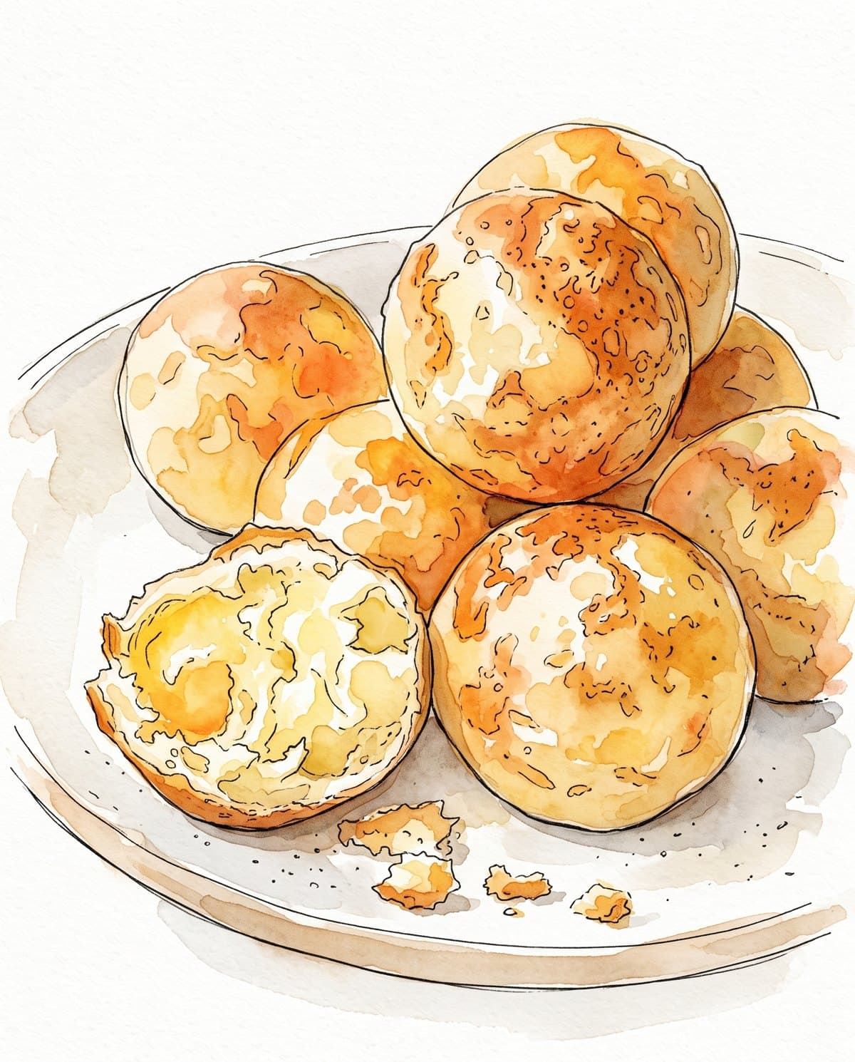 Pão de Queijo, drawn in Watercolor and ink