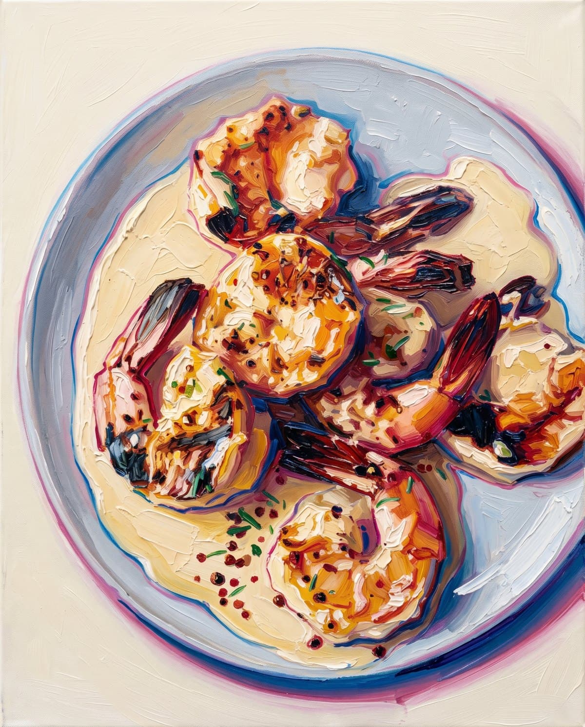 Becky's Famous Shrimp, drawn in Oil impasto