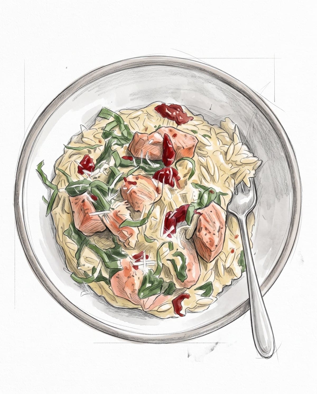 Sun-Dried Tomato Chicken Orzo, drawn