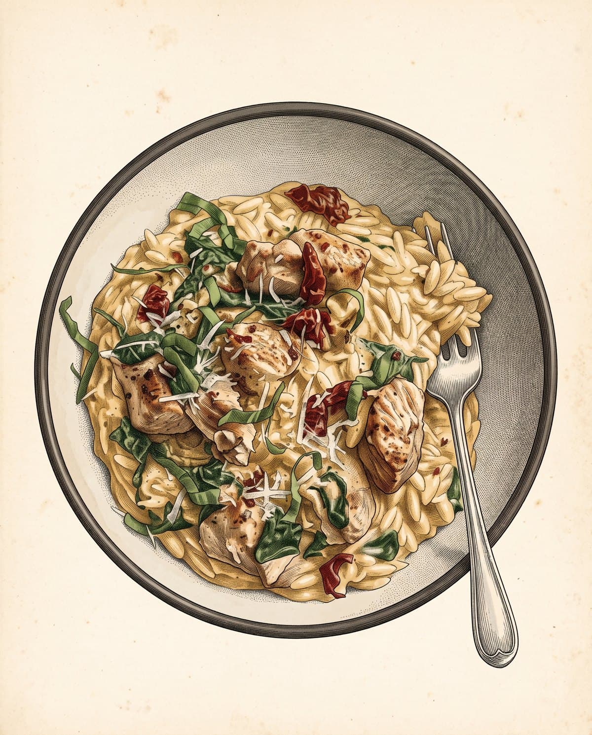 Sun-Dried Tomato Chicken Orzo, drawn