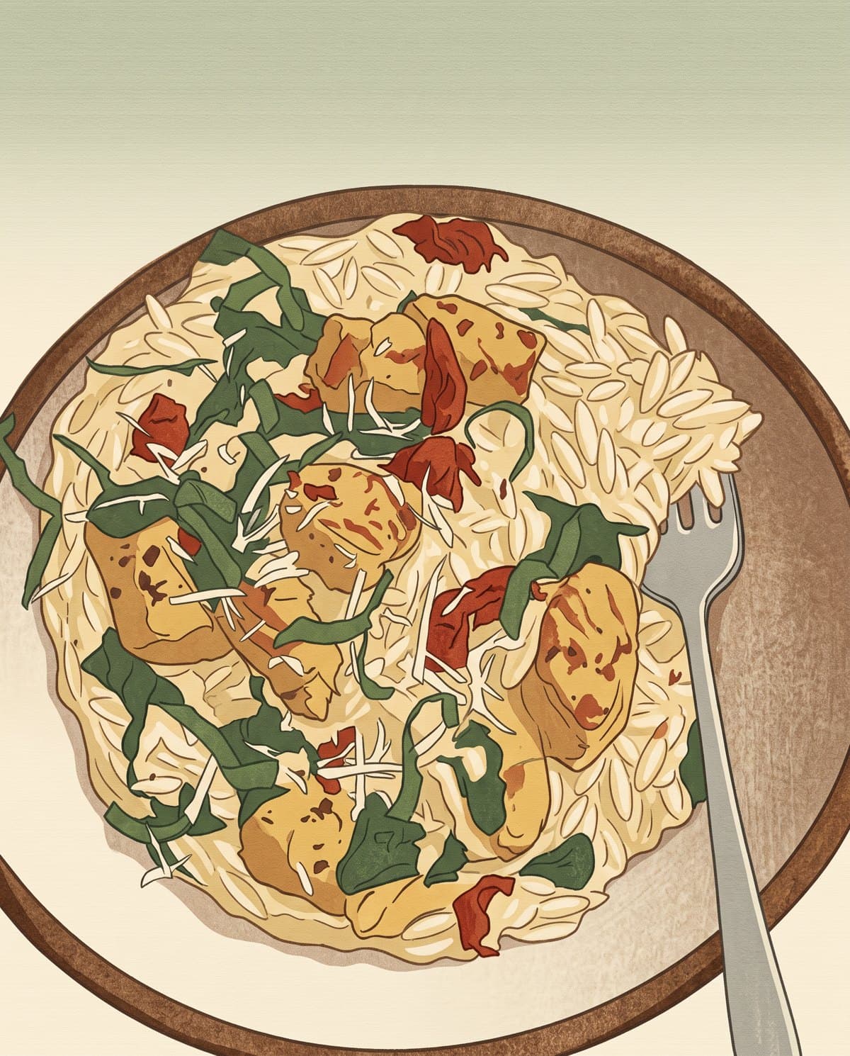 Sun-Dried Tomato Chicken Orzo, drawn
