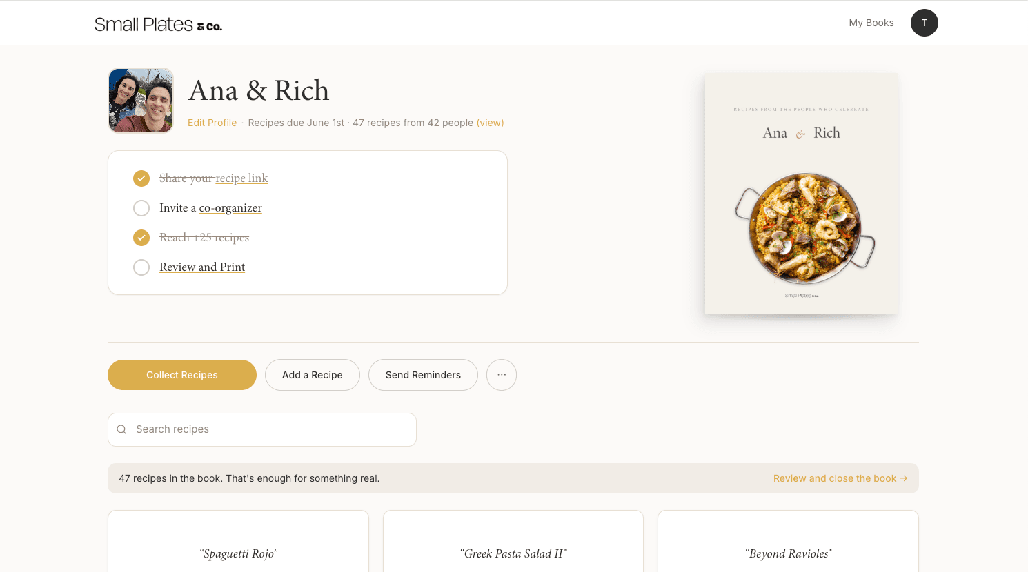 The organizer's dashboard: the book's cover, what is left to do, and the recipes as they come in