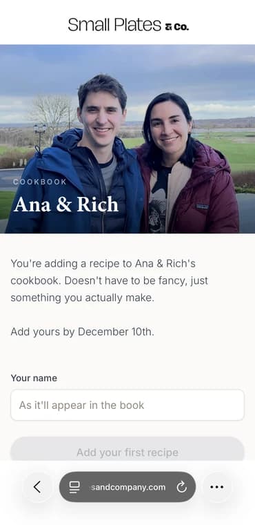 The guest's phone: the link opens on the couple's photo and asks for a name