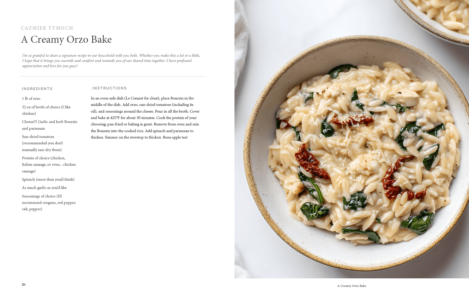 A Creamy Orzo Bake, designed as a finished book page