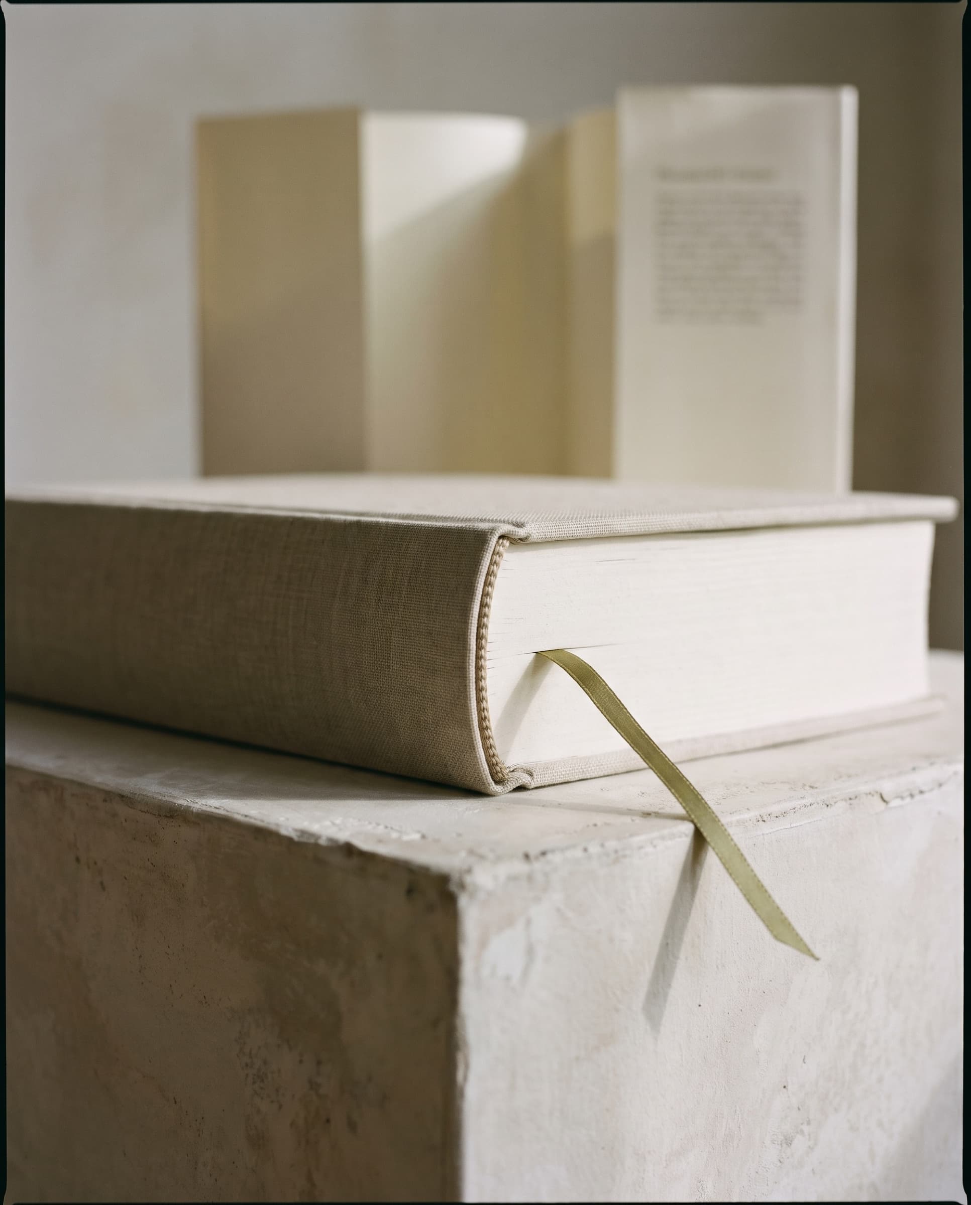 The closed book from the side, its thick pages and ribbon bookmark