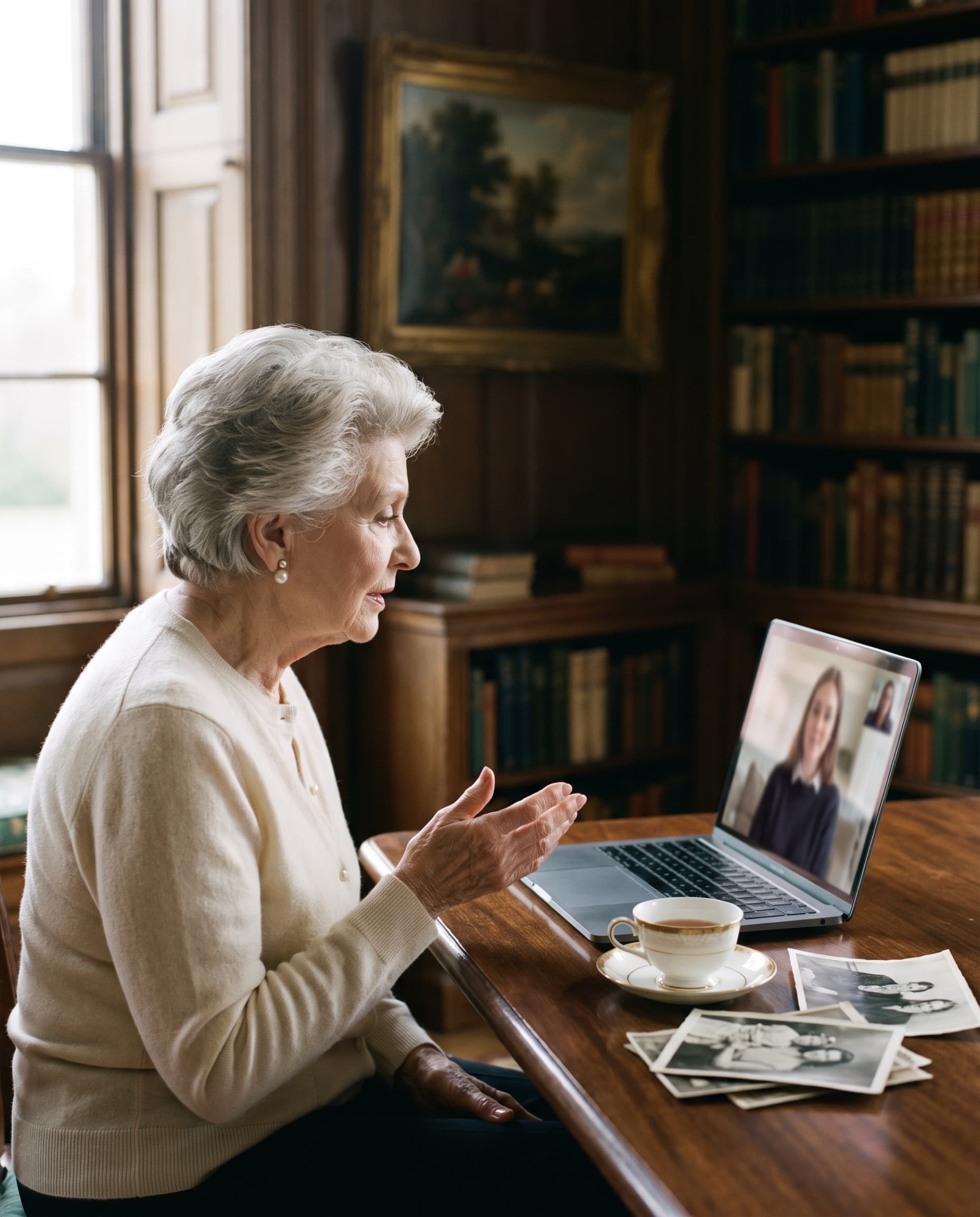 A woman on a video call at her desk, old photographs beside her