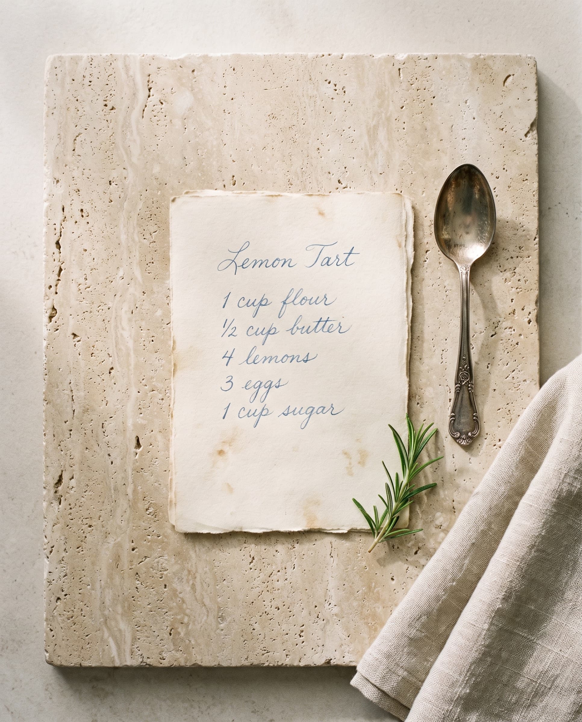 A handwritten recipe card for lemon tart beside a silver spoon