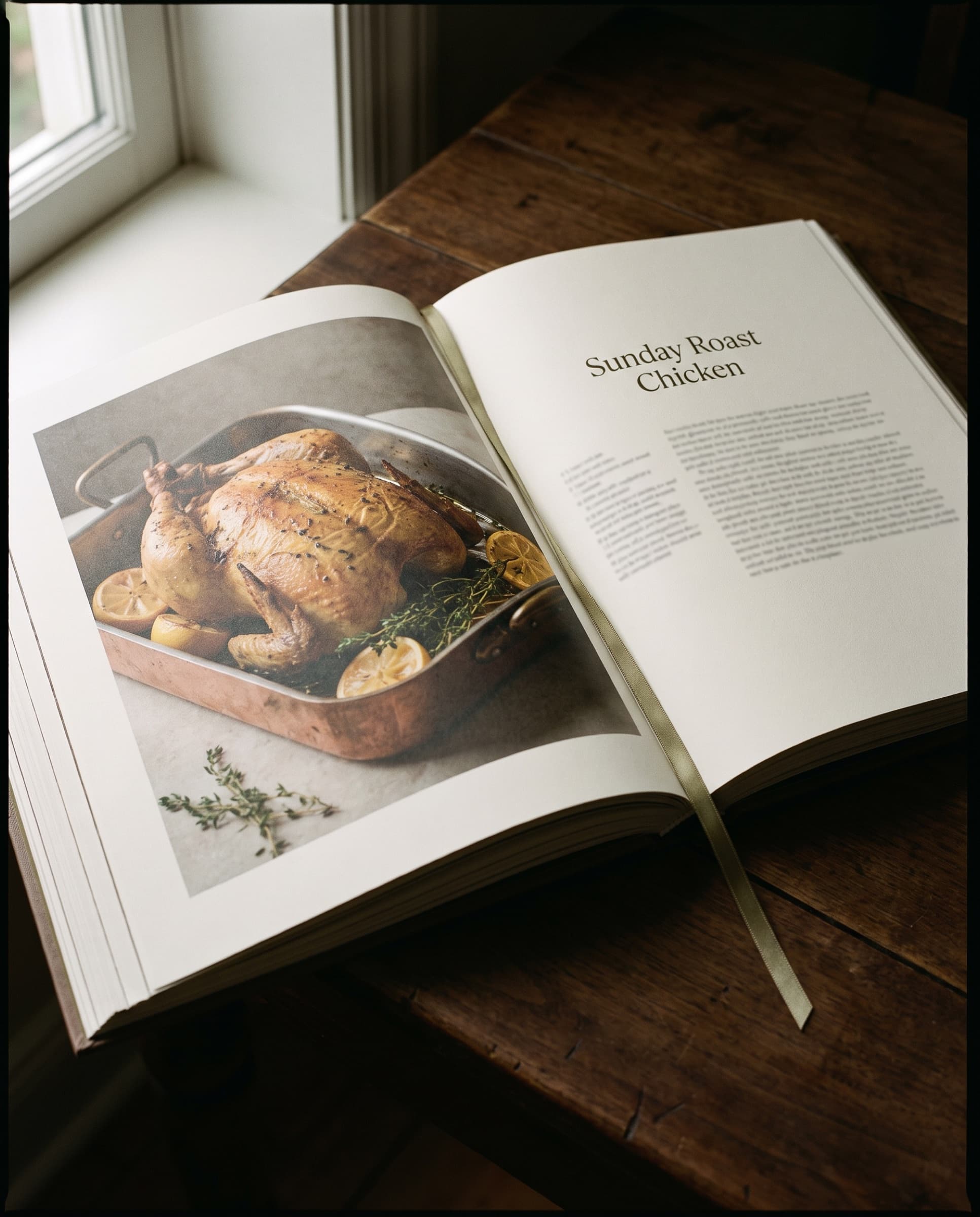 The book open: a photograph of the dish beside its recipe